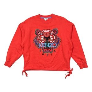 Kenzo Paris Embroidered Tiger Motif Blood Orange Drawstring Sweatshirt Womens M